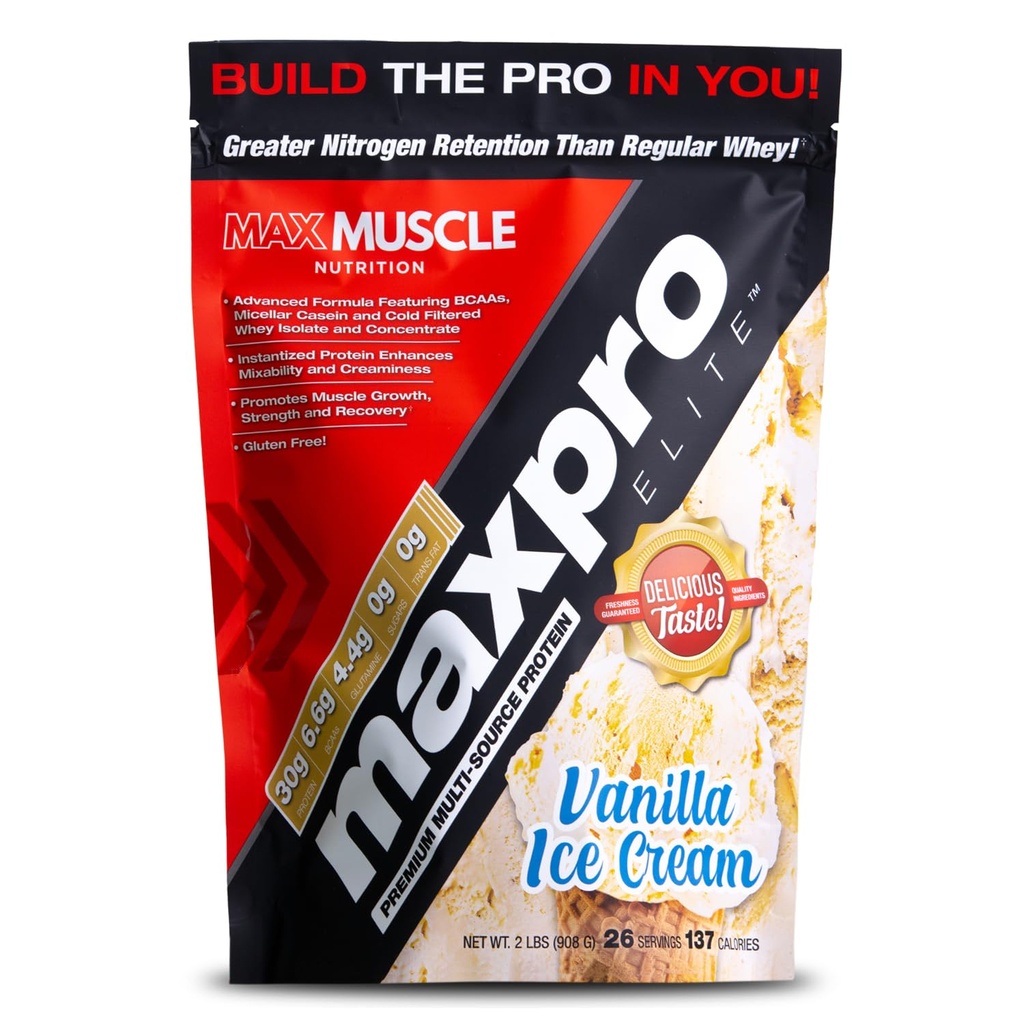 Makss Muskulis Maxpro Elite Sūkalu proteīns Pulveris - 30g Olbaltumvielas - 0g Cukurs - 6,6g BCAAs -Micellar Casein Auksti filtrēts Sūkalu izolāta proteīns - Veicināt muskuļu augšanu un atjaunošanos (Vanilla Ice Cream 2lb)