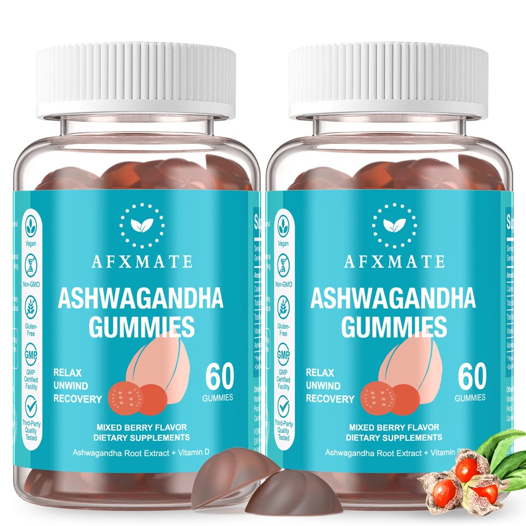 AFXMATE Ashwagandha Gumies & Vitamīnu D Gumies vīriešiem un sievietēm 120 Count Aswangdha Papildinājums (Non-GMO, bez cukura un lipekļa)