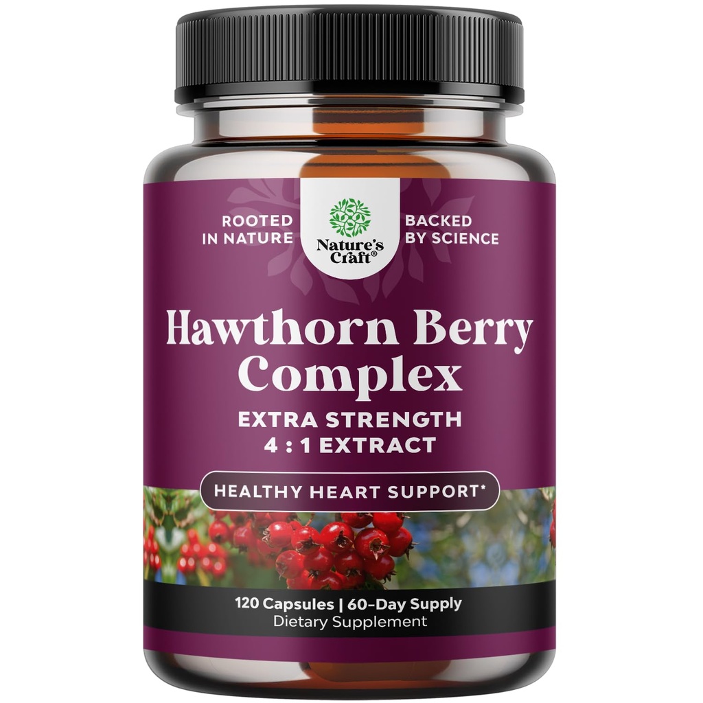 Augsta stipruma Hawthorn Berry Capsules - Pure Antioksidants Hawthorn Berry Papildinājums ar lapu un ziedu ekstraktu 4:1 Veselīgai sirdij un gremdēšanai - Enerģijas atbalsts vīriešiem un sievietēm - 120 Count Pack