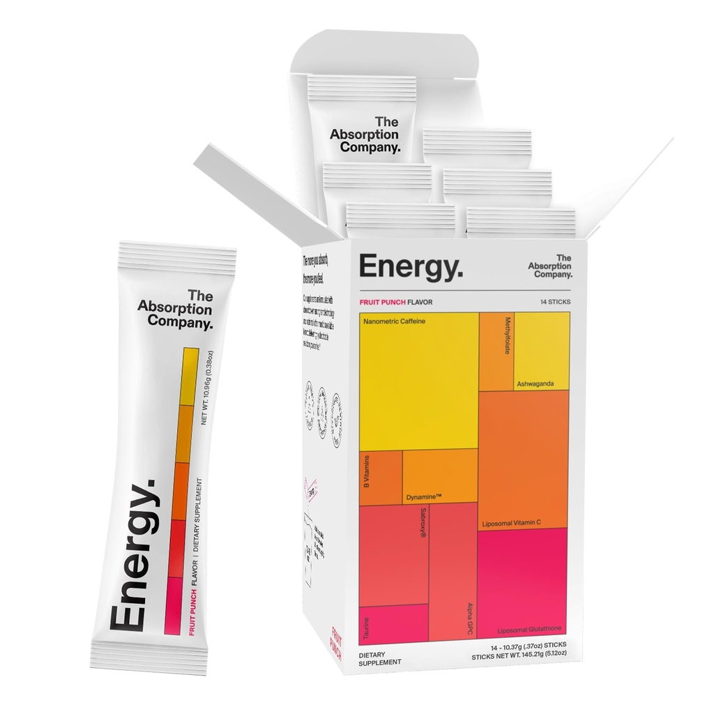 Absorbcija Kompānija Enerģijas Dzēriens Packets – Tīra enerģija Booster, lai atbalstītu trauksmes ar 150mg dabas kofeīns un vitamīns C – augļu pūderis Flavor, 14 Sticks