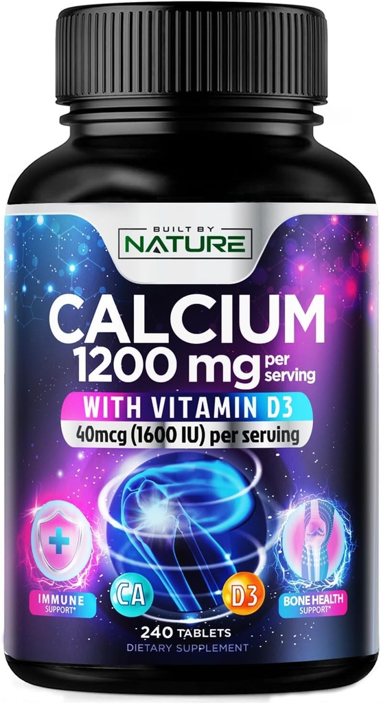 Kalcijs 1200mg ar vitamīnu D3 Best Absorbcija - Uzlabota kaulu atbalsta papildinājums, 1200 mg kalcija karbonāts & 1600 SV D3 vitamīns, lēna Imūnās palīdzības atbrīvošana, Viegli norīt, 240 tabletes