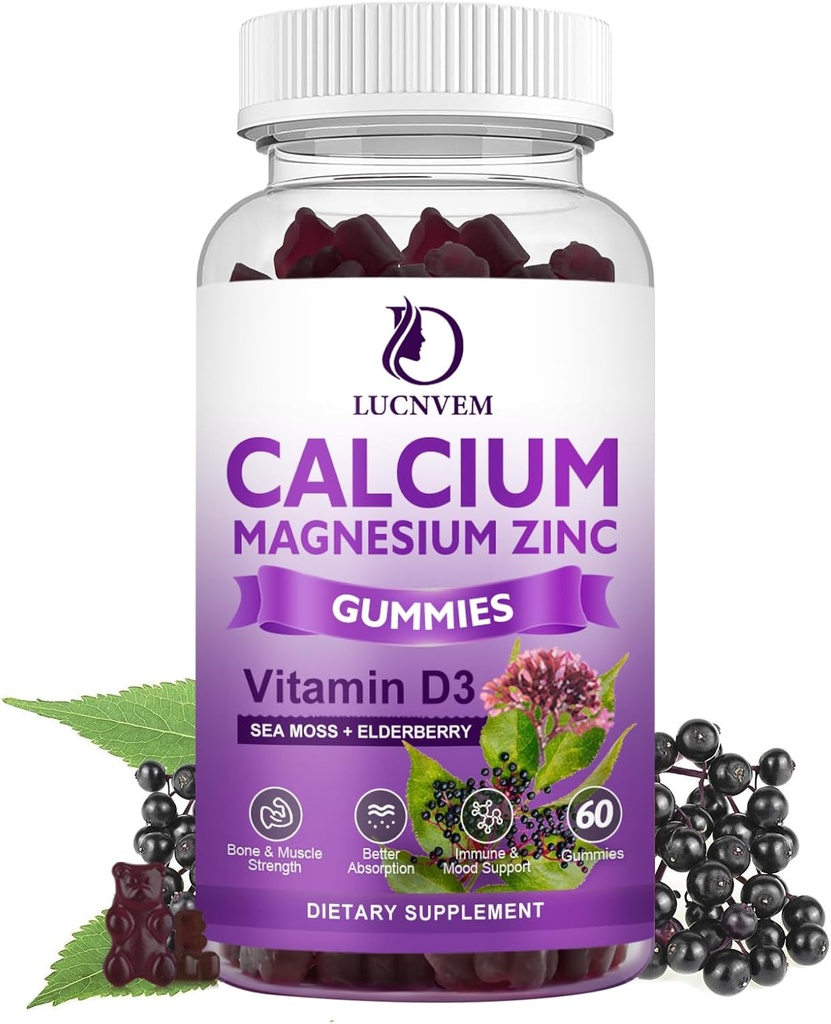 Bezcukura kalcija Magnija Cinka Gumijas ar plūškoka un jūras mosu, kalcija magnijs 2:1, magnija glicināts, kālijs un vitamīns D3 kauliem, muskuļiem, mierīgs Mood & Miega atbalsts, 60 Gumijas