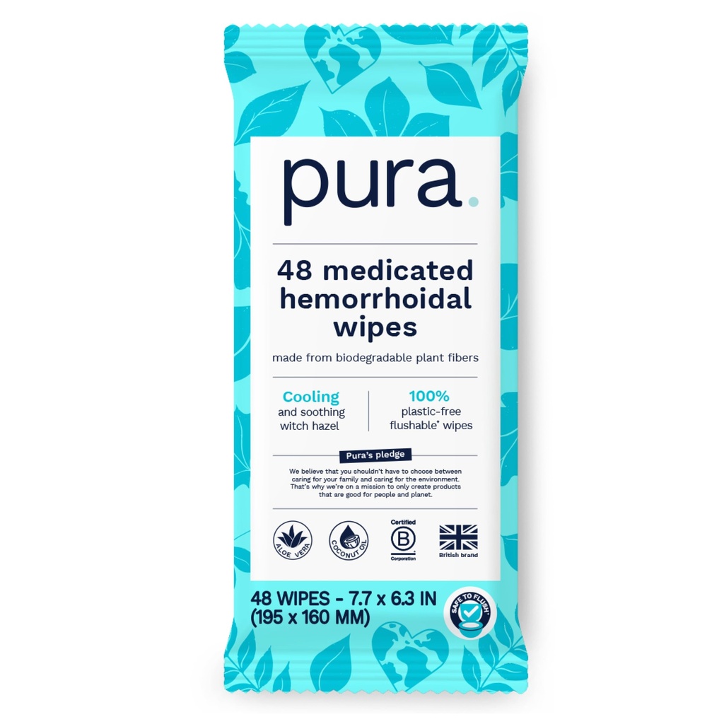 Pura Pietvīkums Hemorrhoid Wipes XL, 48 Count, Medicated ar Dzesēšanas Witch Hazel, Aloe & Coconut Oil, Fast Relief, Fragrance-free, 100% Plastmasas-free
