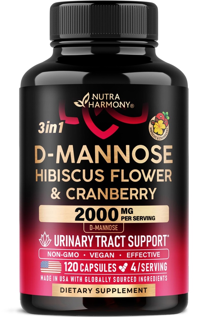 D-mannose 2000mg ar Dzērveni & Hibiscus - klīniski pārbaudīts stiprums urīna trakta veselībai - papildinājums sievietēm - urīnpūšļa, aknu un mikrofloras atbalsts - ražots ASV - Vegan, 120 kapsulas
