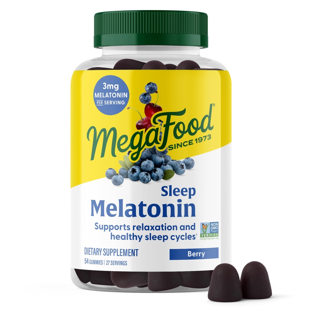 MegaFood Melatonin Gummies - Melatonin 3mg vienu Kalpo, lai palīdzētu relaksēties & Fall Asleep – Miega Gumijas pieaugušajiem - Berry Flavor, Non-GMO, Sertificēts Vegan - 54 Count (27 Kalpo)