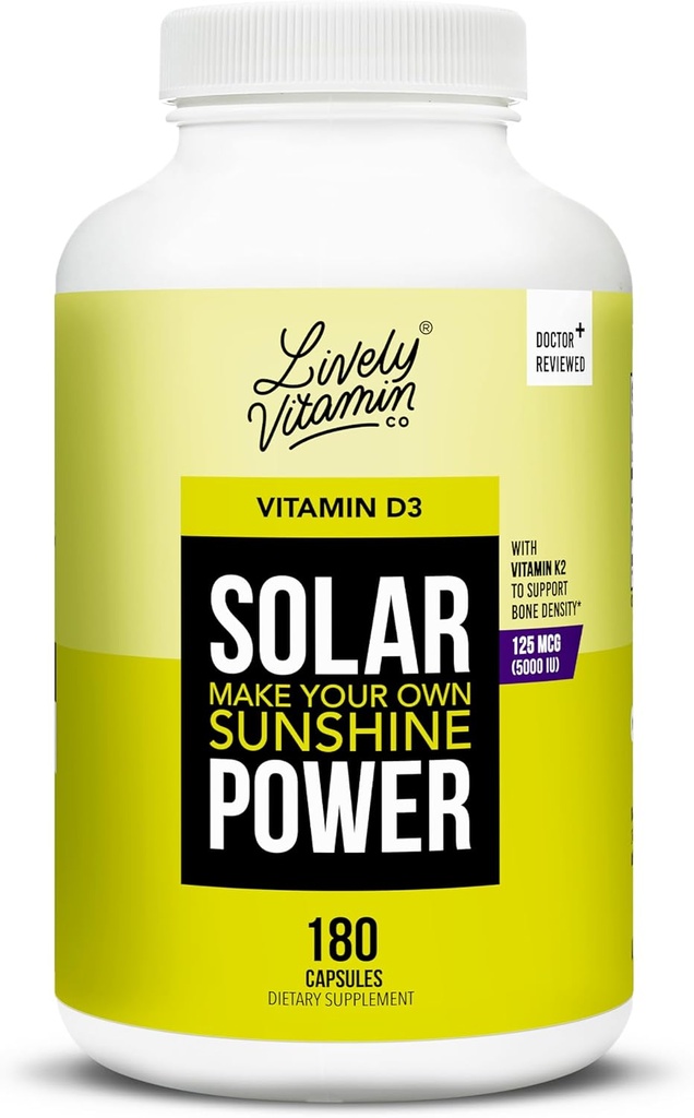 LIVELY VITAMIN CO. Saules enerģija D3 5000 iu vitamīns - Patentēts K vitamīns - MK7 - Imūnais līdzsvars - Smadzeņu funkcija - Garš - Sirds - Stress - 180 Skaits