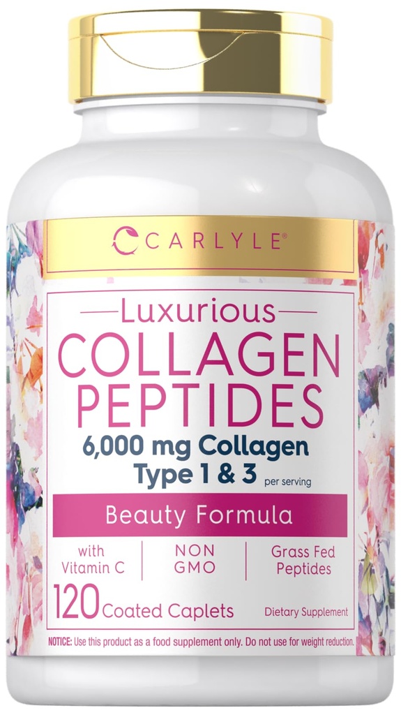 Karlilējiet kolagēnu ar C vitamīnu; 6000 mg; 120 Caplets; multikolagēna peptīda tabletes; 1. un 3. tips; ne-GMO; bez lipekļa; ar zāles barību