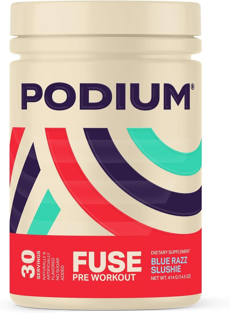 Podium Nutrition, Fuse Pre Workout pulveris, Blue Razz Slushie, 30 Kalpojumi, Beta Alanine un kofeīns enerģijai, bez lipekļa, bez sojas, bez piena