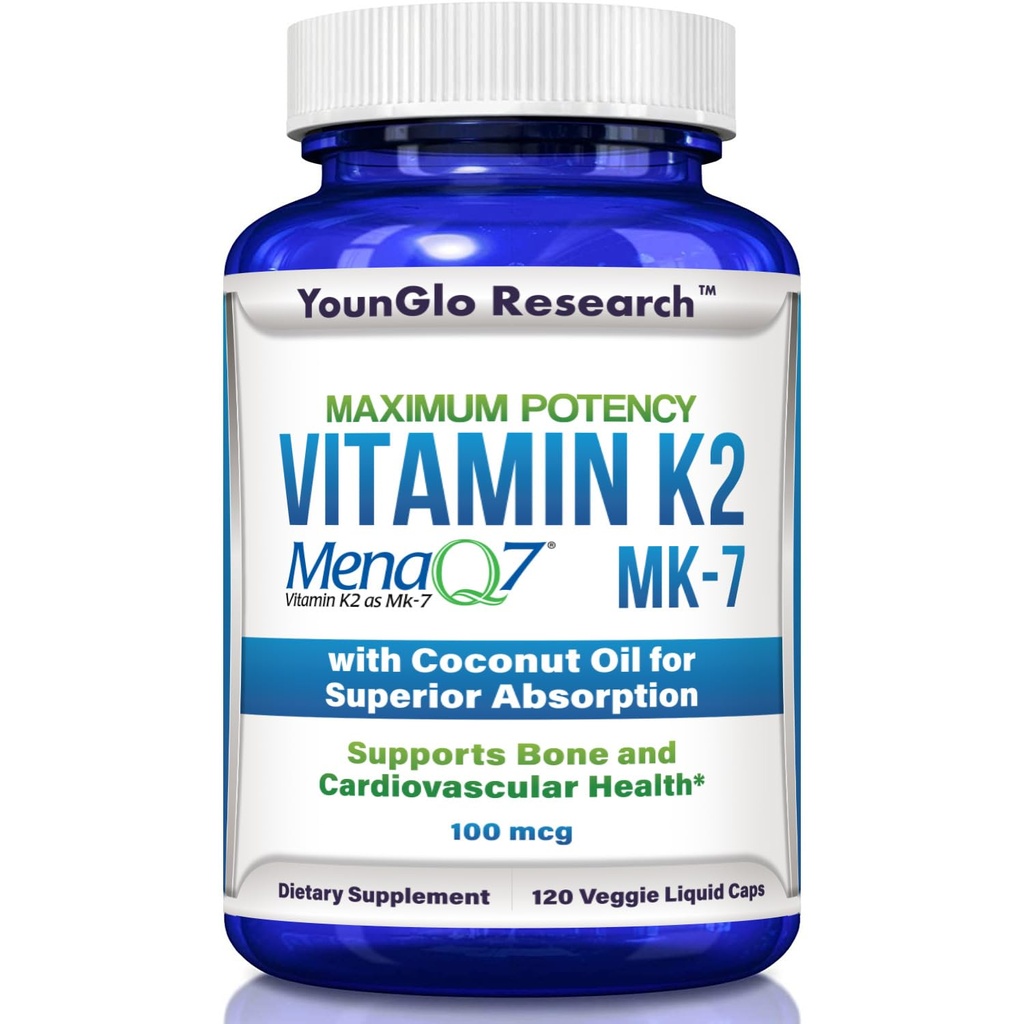 Vitamīns K2 MK7 (MenaQ7) 100 μg w/Coconut Oil superior absorbcijai, uztura bagātinātājs, 120 Vegan šķidrās kapsulas kaulu stiprumam un blīvumam pieaugušajiem sievietēm un vīriešiem