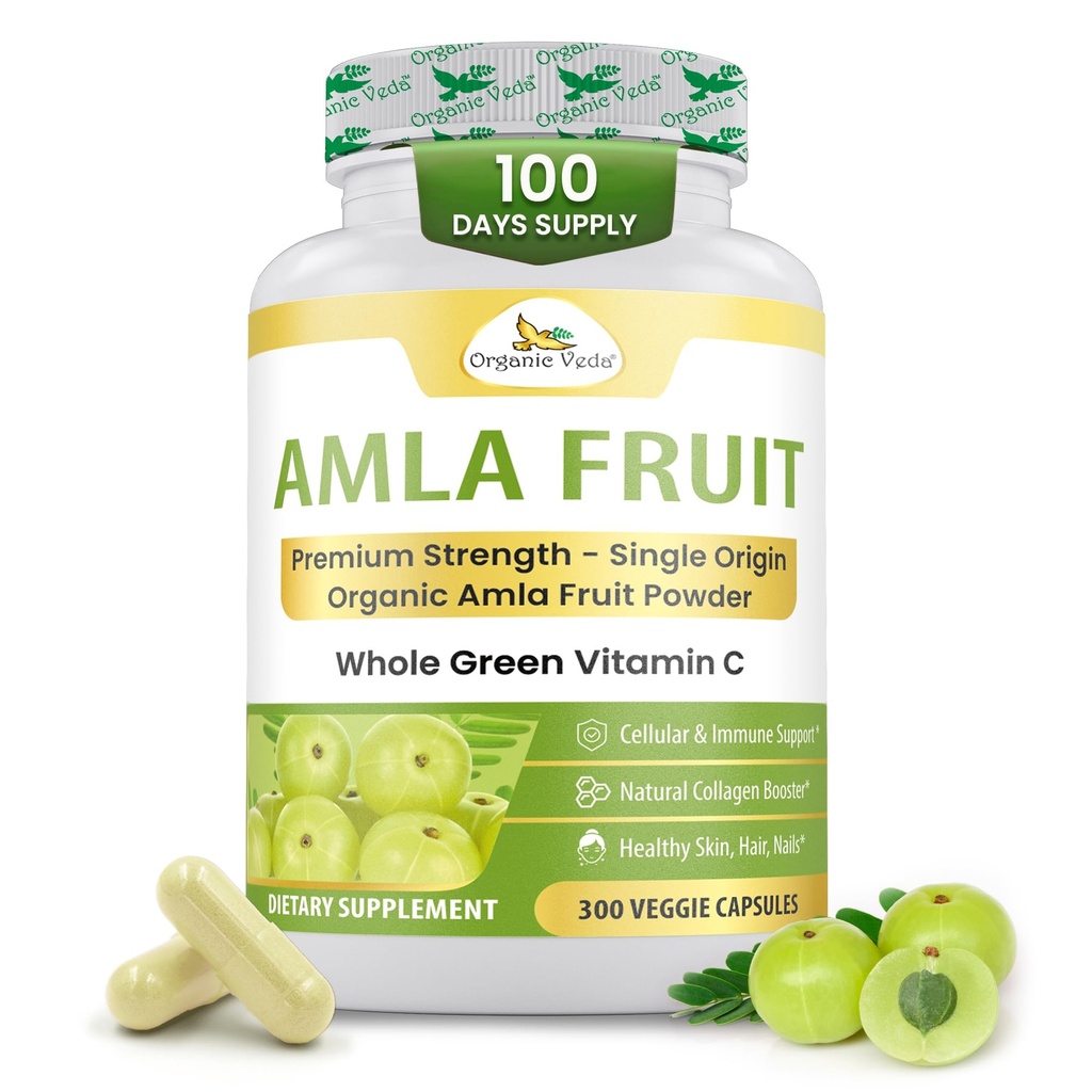 Organiskās Veda Amla kapsulas - 1500 mg, 300 kapsulas Organisks veselauglis Amla pulveris - Dabīgs C vitamīns imunitātei, ādas radiācijai, antioksidanti - vegāns, neĢMO, jēl C vitamīna piedevas