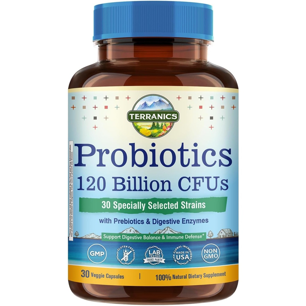 Teranics Probiotikas 120 miljardi ar prebiotikām un gremošanas enzīmiem, 30 pārbaudītiem celmiem, pilnīgu gremošanas un imūno atbalstu, ne-GMO, NO sojas, piena un glutēna, vīriešiem un sievietēm, 30 Veggie kapsulas