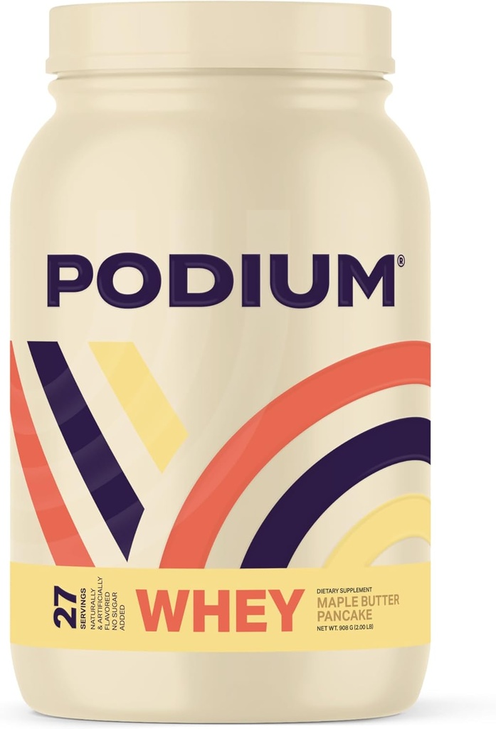 Podium Nutrition, sūkalu olbaltumvielu pulveris, kļavu sviesta pankūkas, 27 Kalpo, 25g sūkalu proteīna per apkalpo, bez lipekļa, bez sojas