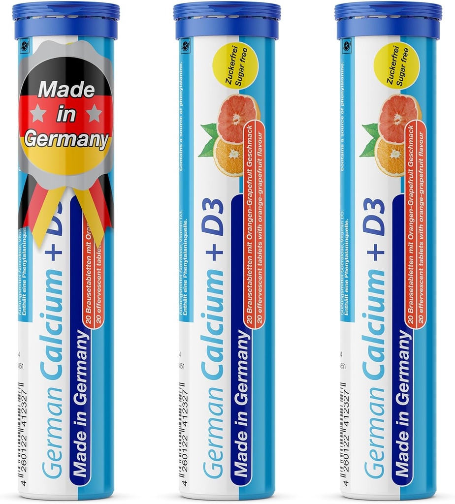 Vācu kalcijs + D vitamīns Putojošās tabletes 60 Pasniedz Orange-Grape fruit Aromāts - 500 mg Kalcijs, 2,5 μg D3 vitamīns - T&D Pharma – Ražots Vācijā