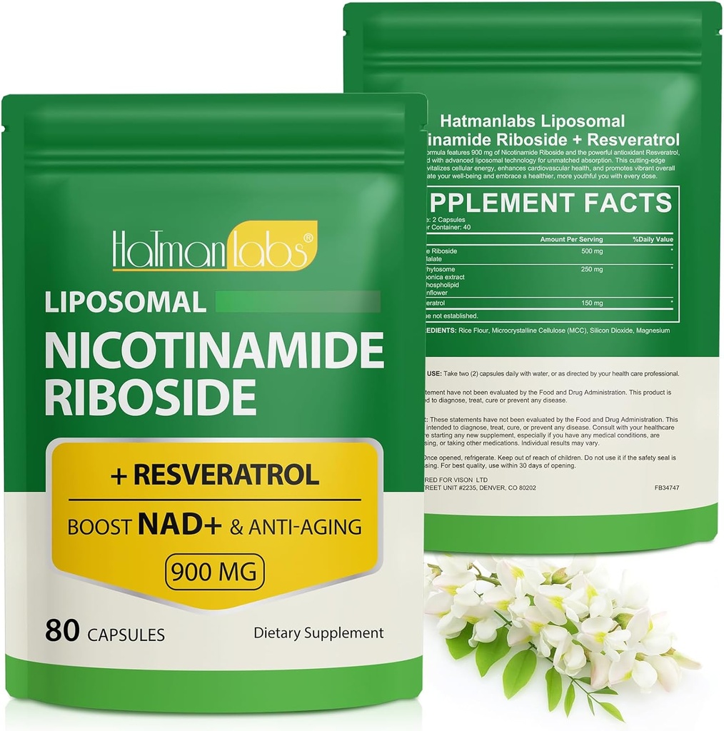 NAD papildinājums, liposomālā NAD+ Papildinājums ar nikotīnamīdu Riboside Resveratrol Support Celular Health, Stamina & Veselīga novecošana - 80 kapsulas