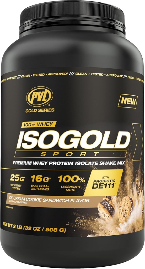 PVL Zelta sērija - 100% Sūkalas ISOGOLD Sport - Premium sūkalu proteīns Izolāts Shake Mix - 2 LB - Saldējums Cookie Sandwich