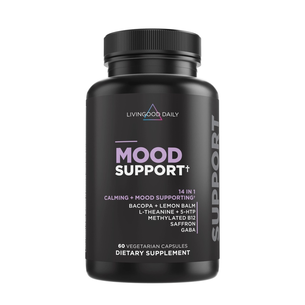 Livongood Daily Mood atbalsta papildinājums sievietēm un vīriešiem, 14-in-1 Formula ar L Theanine, Lemon Balm, GABA, Saffron, 5-HTP & B12, Atbalsta Focus & Emotional Wellness, Gluten Free, Vegan, 60 kapsulas