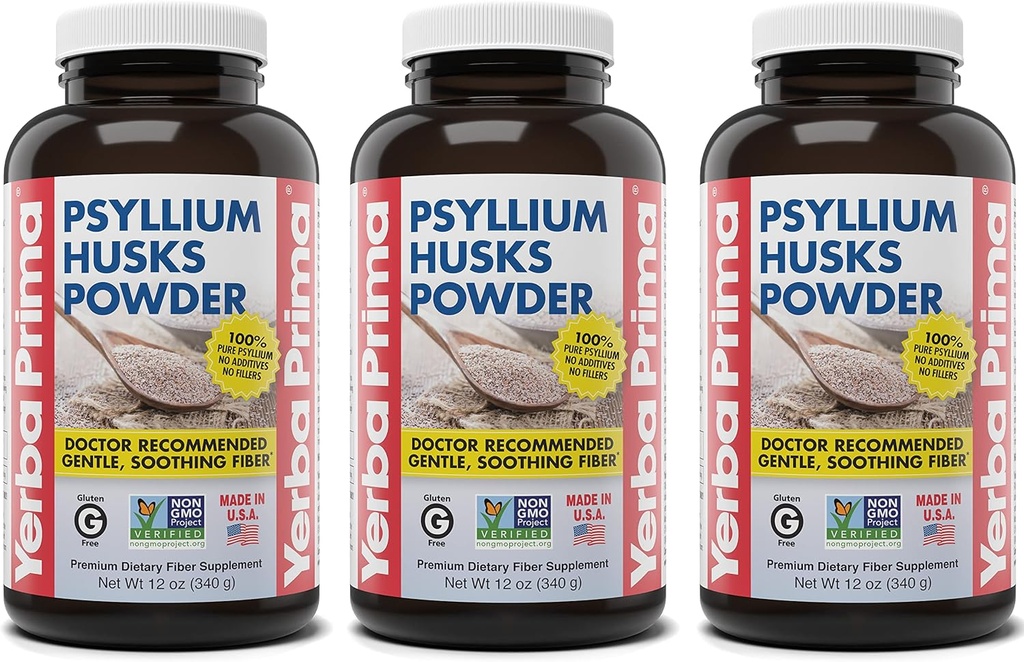 Yerba Prima Psyllium Husks pulveris - 12 oz (3. iepakojuma) - Dabīgs šķiedru papildinājums - Kolu tīrīšana - Vegāns, bez GMO, bez lipekļa (jauna etiķete - iepakojums May Vary)