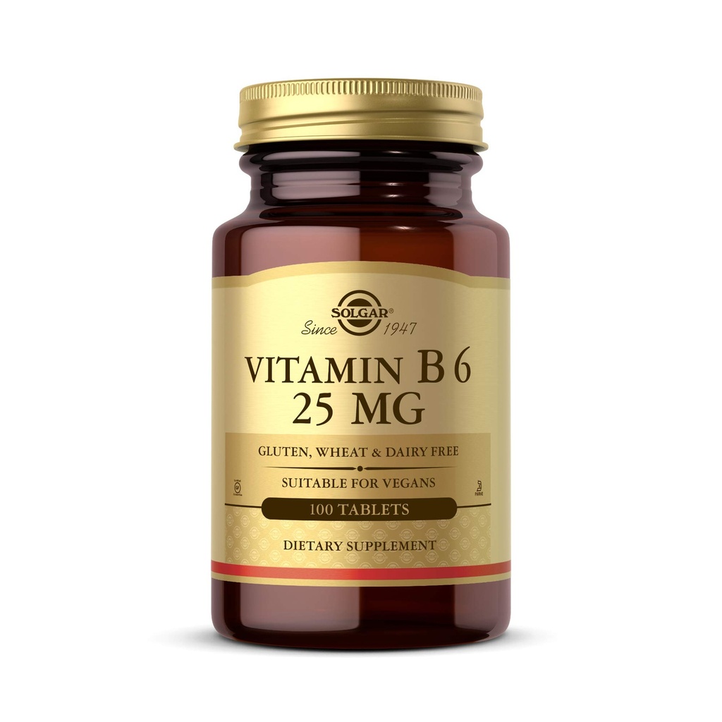 Solgar B6 vitamīns 25 mg, 100 tabletes - atbalsta enerģijas vielmaiņu, sirds veselību un veselīgu nervu sistēmu - B Complex Papildinājums - Vegan, bez lipekļa, bez piena, Kosher - 100 Servē