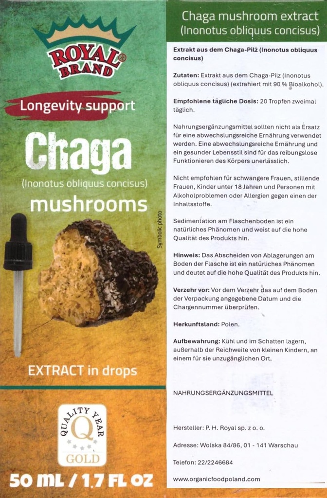 Chaga Tincture Drops/Chaga Sēnes/Labāka nekā Chaga Sēņu Kapsulas/Augsta deva/Liquid ekstrakta Drops/1.7 FL OZ/50 ml