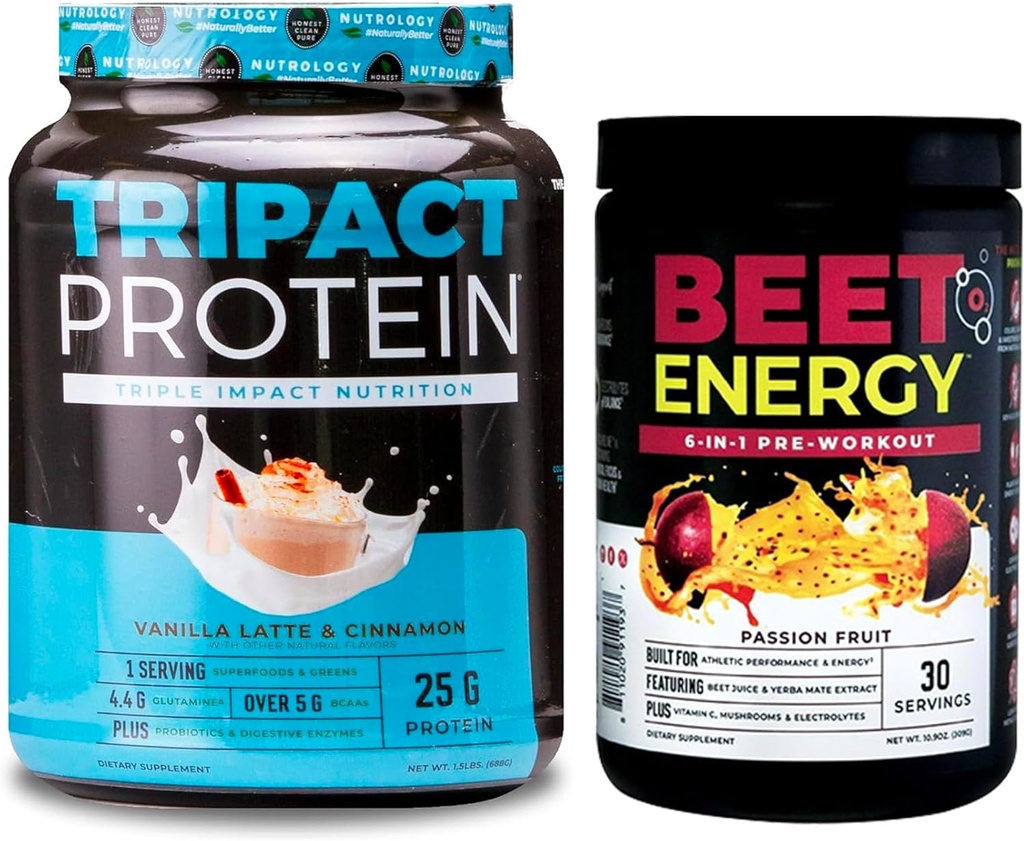 Nutrology Beet Natural O2, pirms treniņa pulveris, Passion Fruit Flavor (30 Kalpo) TRIPACT Protein Pulveris, 7-in-1 Ēdienu nomaiņa Shake, Vanilla Latte Cinnamon Flavor (20 Kalpo)