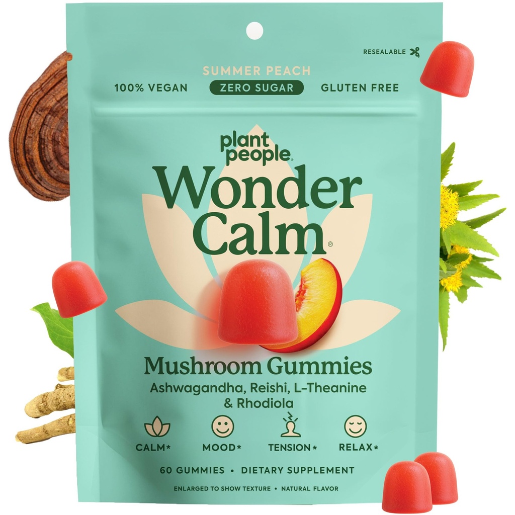 Augu WonderCalm Mushroom Gummies - dabas Ashwagandha papildinājums ease Stress & Boost Koku pieaugušajiem bez cukura, lipekļa vai mākslīgās krāsas, Vegan-Draudzīgs, persiku Flavor, 60 grāfs