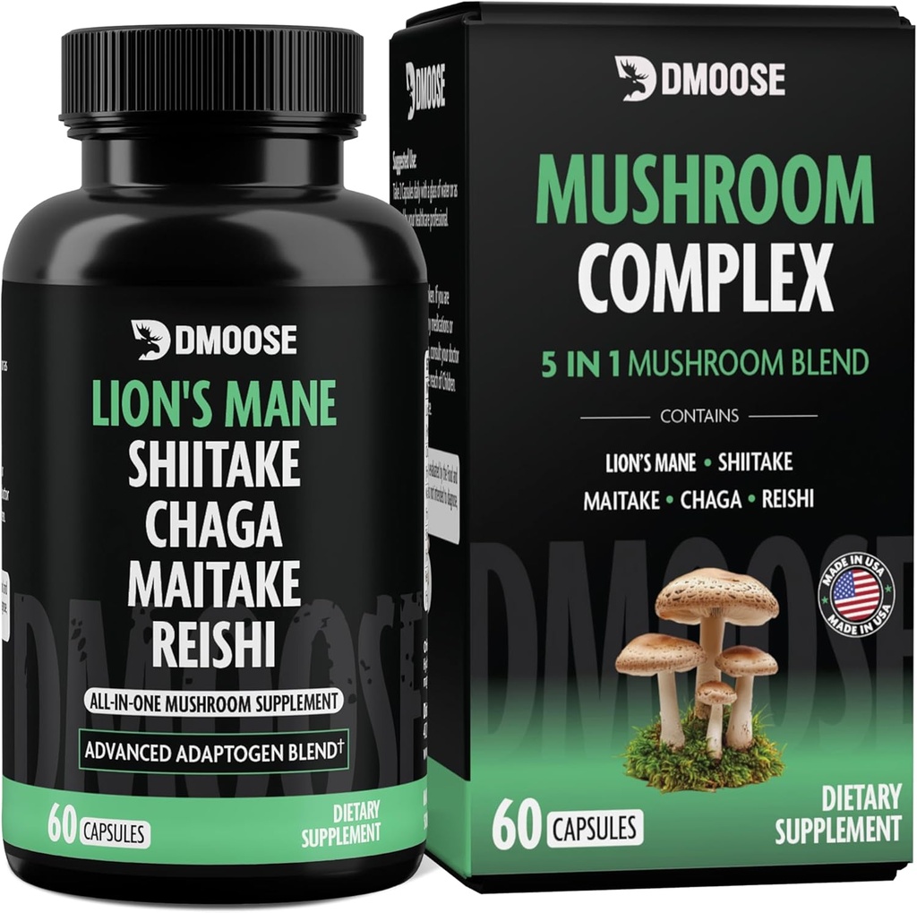 Lions Mane Sēņu komplekss - 5300 mg Adaptogēns Blend for Memory, Focus and Imūnsupport - 5 in 1 Lionsmane, Chaga, Maitake, Shiitake un Reishi Extract, Nootropic Mushroom papildkapsulas