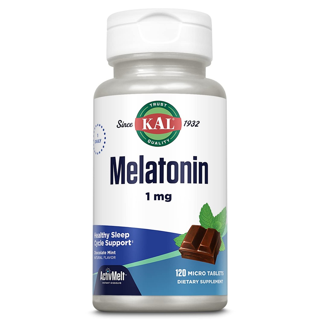 KAL Melatonīns 1mg Miega palīglīdzeklis, Melatonīns Papildinājums atbalsta nomierinošu relaksāciju un veselīgu miega ciklu, ātras šķīdināšanas aktivizācijaMeltes, Dabīga šokolādes piparmētra Flavor, Vegetarian, 120 Serv, 120 Micro Tabs