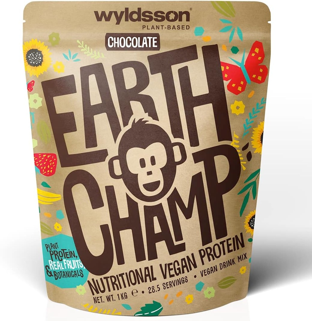 Vegāna proteīna pulveri (1kg) - 28 Servējumi - EarthChamp by Wyldsson - augu izcelsmes šokolādes proteīna pulveris Shake - bez piena piedevas - bez laktozes (hoc)