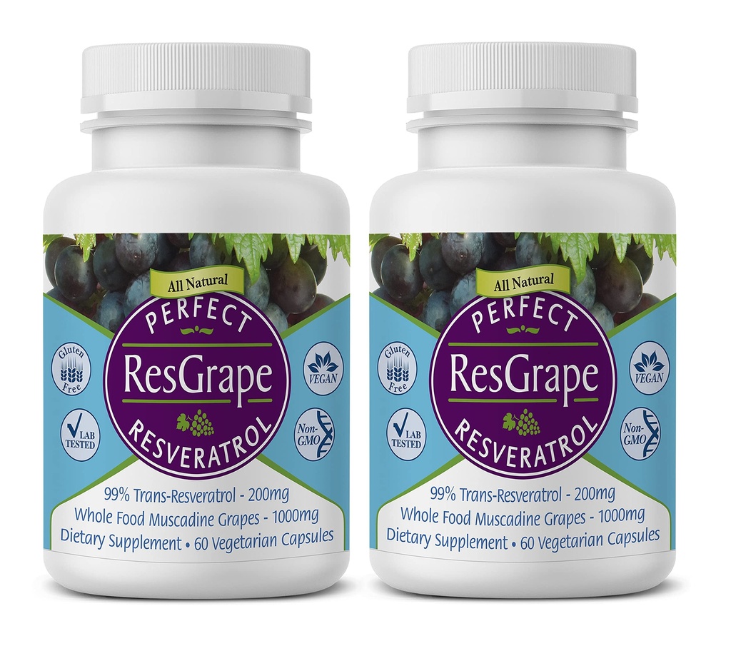Perfekti papildinājumi – Perfect ResGrape Resveratrol – 60 kapsulas – Trans-Resveratrol & Organic Muscadine Vīnogas - 2 iepakojums
