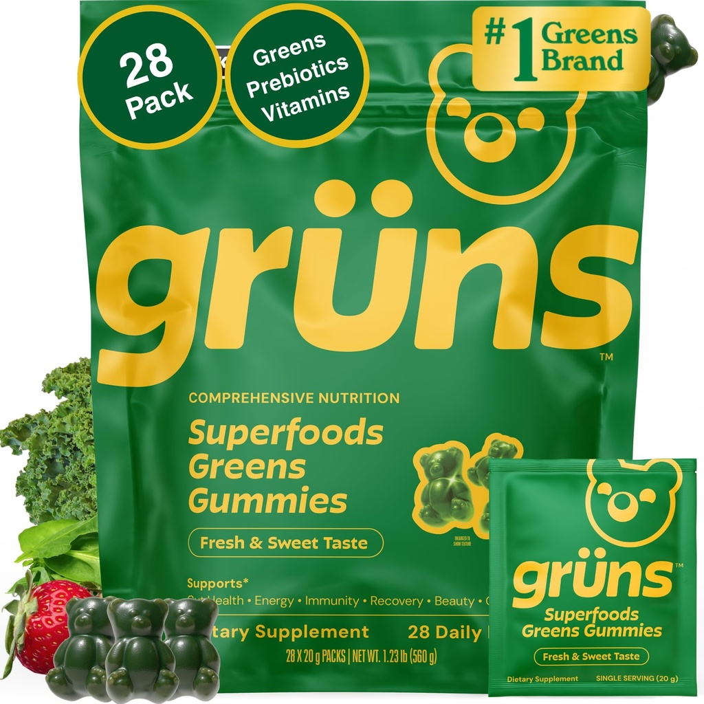Grūn Adult Super Greens Multivitamīnu Gummies, Superfood Gummy Vitamīni sievietēm un vīriešiem ar Spirulina, Chlorella, Adaptogens & Prebiotic Fiber gremošanas veselībai (28 grāfs)