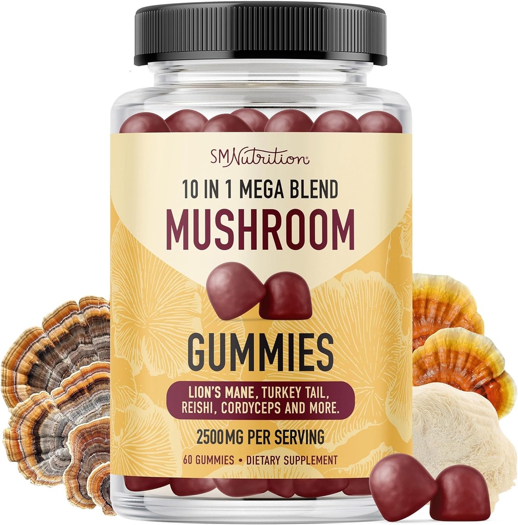 Sēnes Gummijas pieaugušajiem -- ar Lauvas Mane, Turcija Aste, Reishi, Cordyceps, Chaga & Maitake -- Nootropic Sēņu Papildinājums -- Atbalsts Kognitīvā funkcija un imūnā veselība -- Aveņu Flavor - 60ct