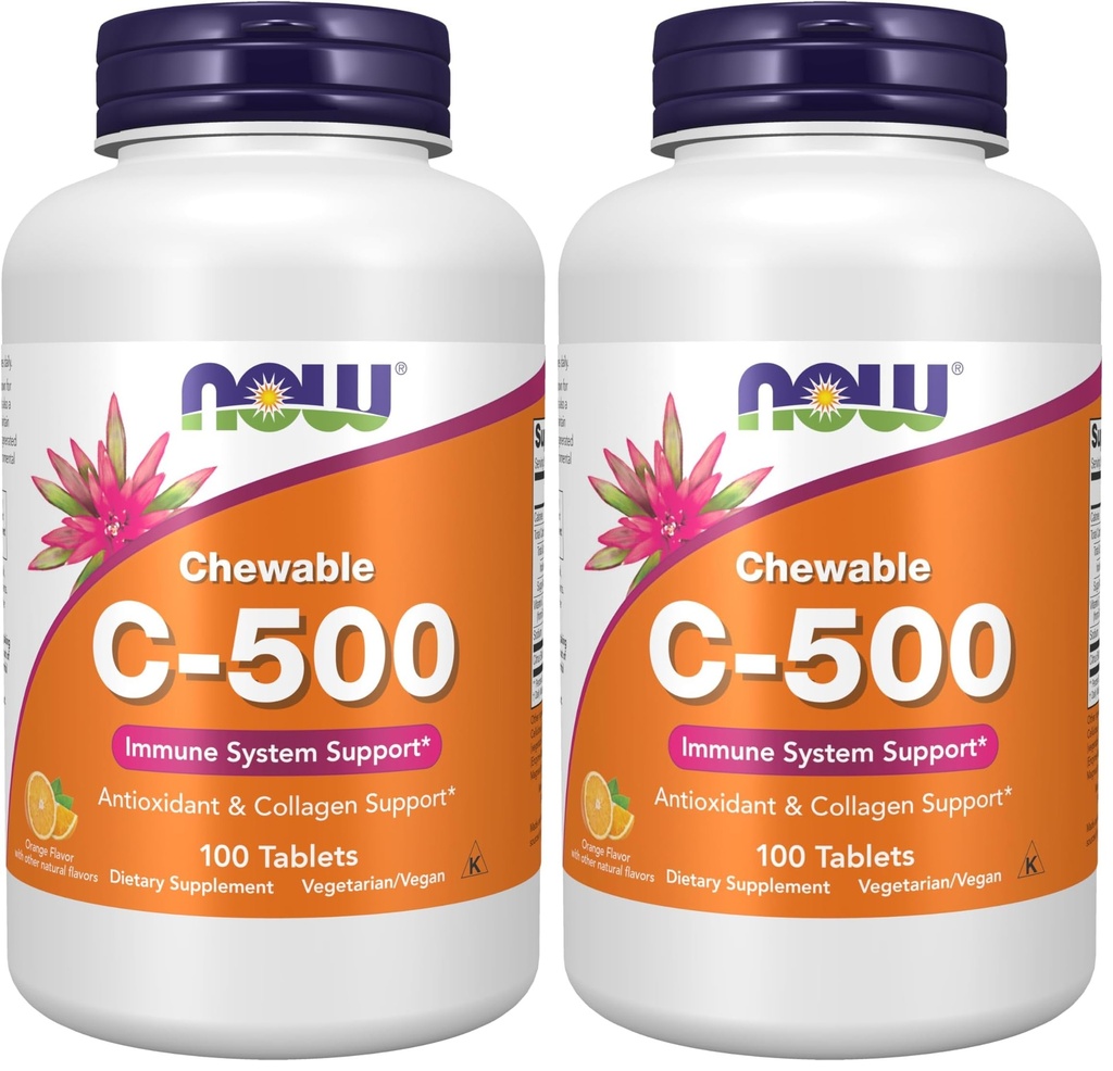 NOW piedevas, C-500 vitamīns, antioksidantu aizsardzība*, apelsīnu sulas uzlējums, 100 košļājamās lucernas (2. iepakojums)