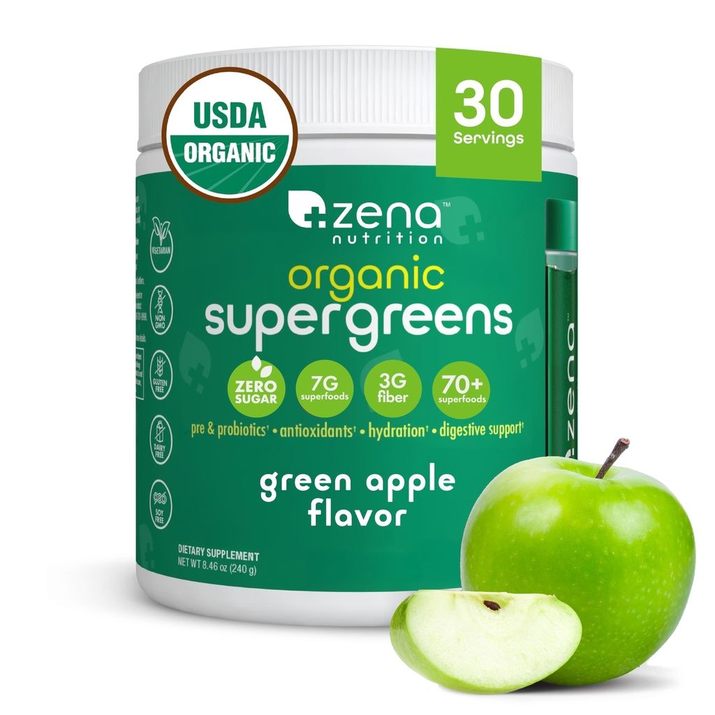 Zena Nutrition Organic Super Greens Powder, 70+ Superfoods, 0 Cukurs, 3G Fiber, Spirulina, Hlorella, Sēnes, Prebiotikas/Probiotikas, Gremošanas enzīmi Gut Health, Green Apple, 30 Kalpo