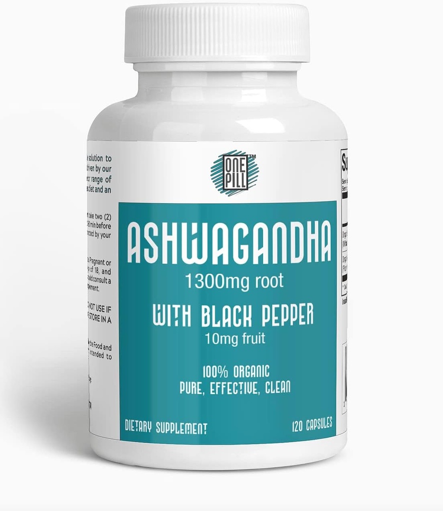 ASHWAGANDHA 1300 mg organiskās saknes ar melnajiem pipariem. Dabas Stress un garastāvokļa atbalsta papildinājums 120 kapsulas