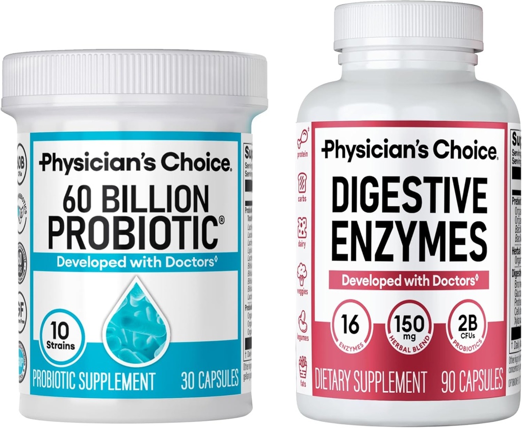 Ārsta CHOICE - Optimāls Gut veselības paka: 60 miljardu probiotikas + Gremošanas enzīmi 90ct gremošanas komfortam un imūnās sistēmas atbalstam