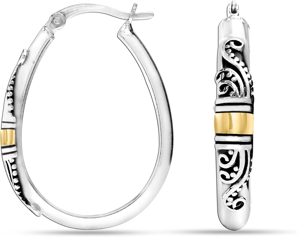 LeCalla 925 Sterling Silver Bali-Style Hoop Auskari Viegls klikšķis-Top Antique Two-Tone Beaded Itāļu Bali stils Auskars Hoops sievietēm
