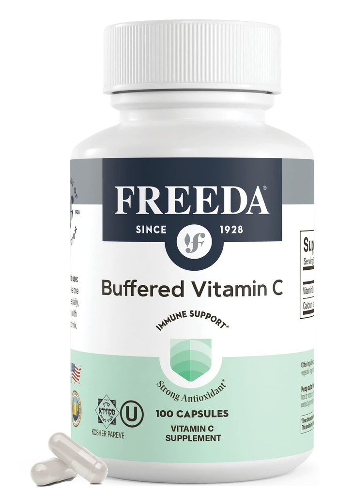 FREEDA Bufered vitamīns C 500mg – neacidīgs kalcija askorbāts – Imūnsupport & Antioxidant – Kosher, maigs uz kuņģa – 100 kapsulas