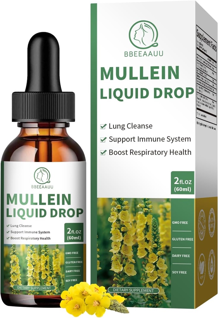 Mullein Drops for Lungs, 16-in-1 Mullein Leaf ekstrakts 800MG plaušu tīrīšanai, respiratoriem, imunitātei, ar Quercetin, marshmallow, Black Cumin Seed, Elderberry, Non-GMO, 2 Fl Oz