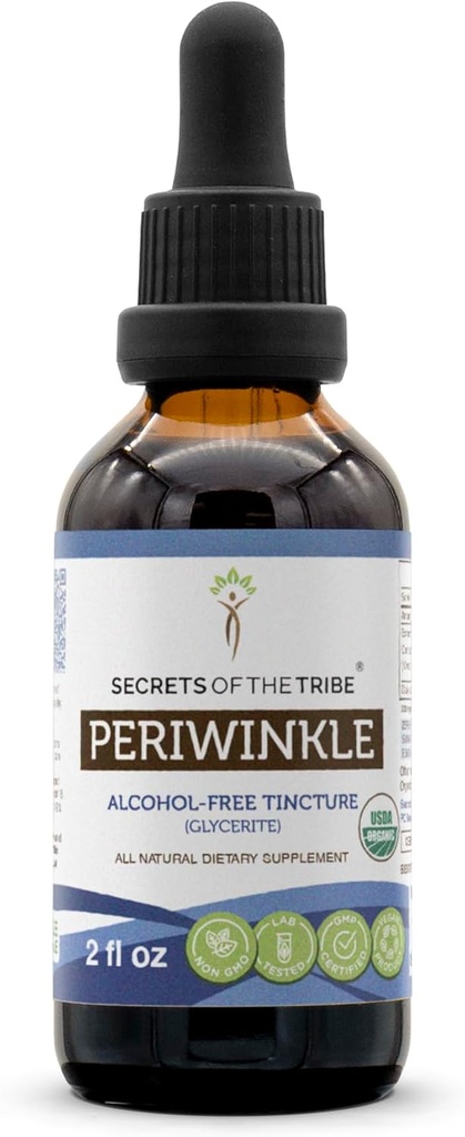 Secrets of the Tribe Periwinkle USDA Organic ”Spirta bezalkohola ekstrakts, augstas devas augu pilieni ”Izgatavots no 100% Certified Organic Periwinkle (Vinca Major) Kaltēts augu (2 oz)