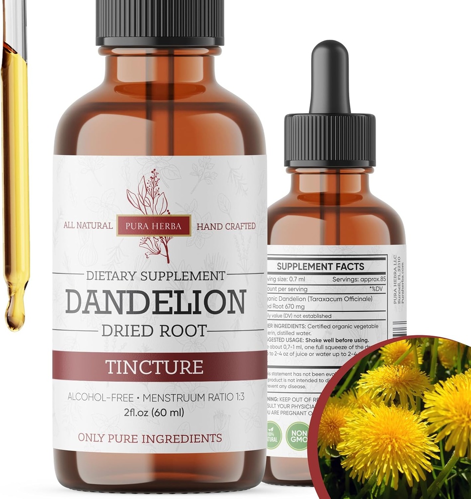 Dandelion Root Tincture 2 oz – bez alkohola augu ekstrakts – 670 mg per Servē – Glicerīna bāzes, Vegan, ne-GMO, bez pievienotā cukura – Dandelion pilieni šķidruma papildinājums
