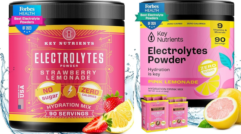 KEY NUTRIENTS Elektrolīti un multivitamīni Hidrēšanas pulveris Bundle – Sulīgs zemeņu citronāde & Svaigs rozā citronu pulveri (90 Kalpo katram) – bez cukura, Keto-Draudzīgi, Nav kalorijas