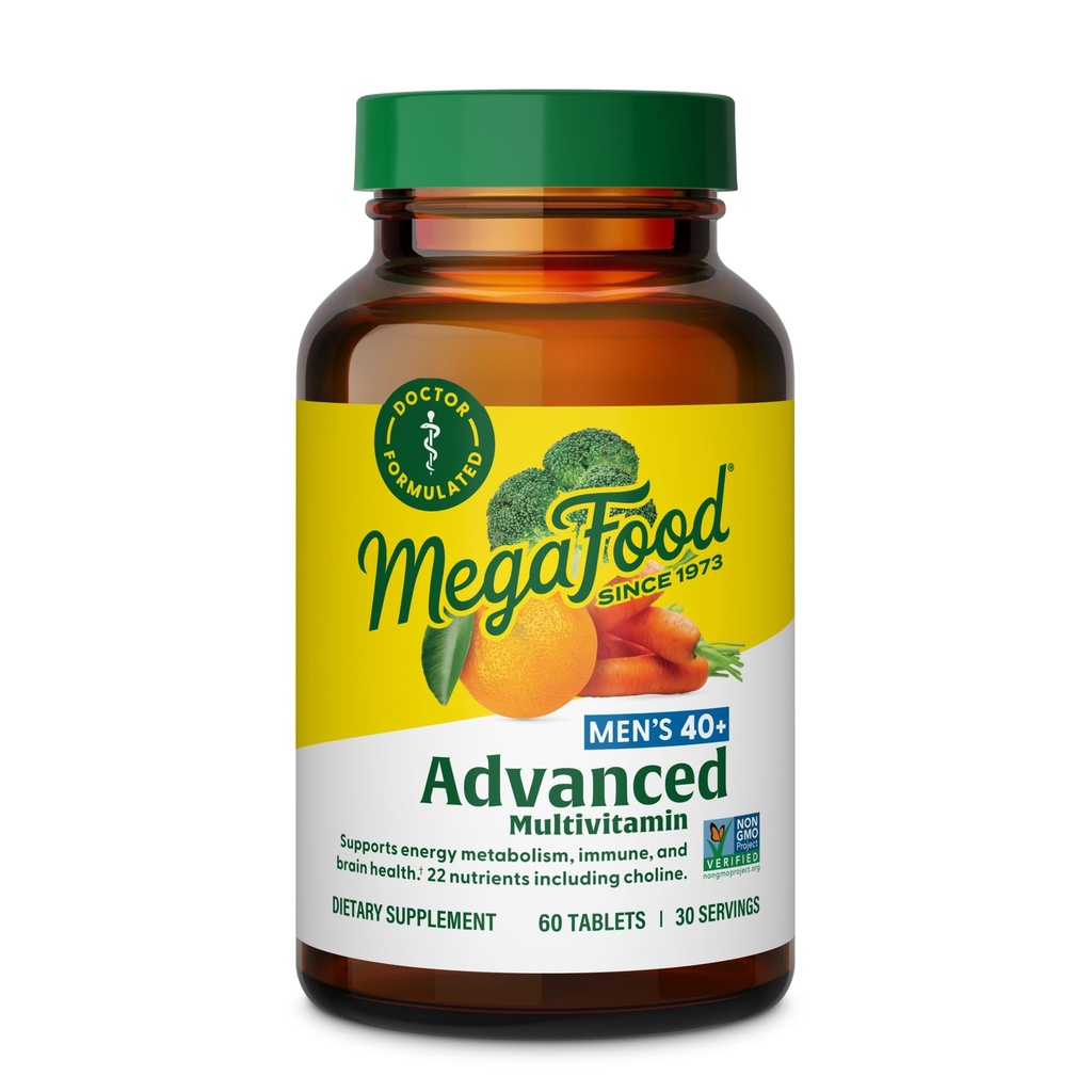 MegaFood Men's 40+ Advanced Multivitamine for Men - Dr-Formulated - Holīns, B vitamīns, C vitamīns, D vitamīns, cinks un reāla pārtika - smadzeņu veselība, Imūnās sistēmas atbalsts - Veģetārietis - 60 cilnes (30 Kalpo)