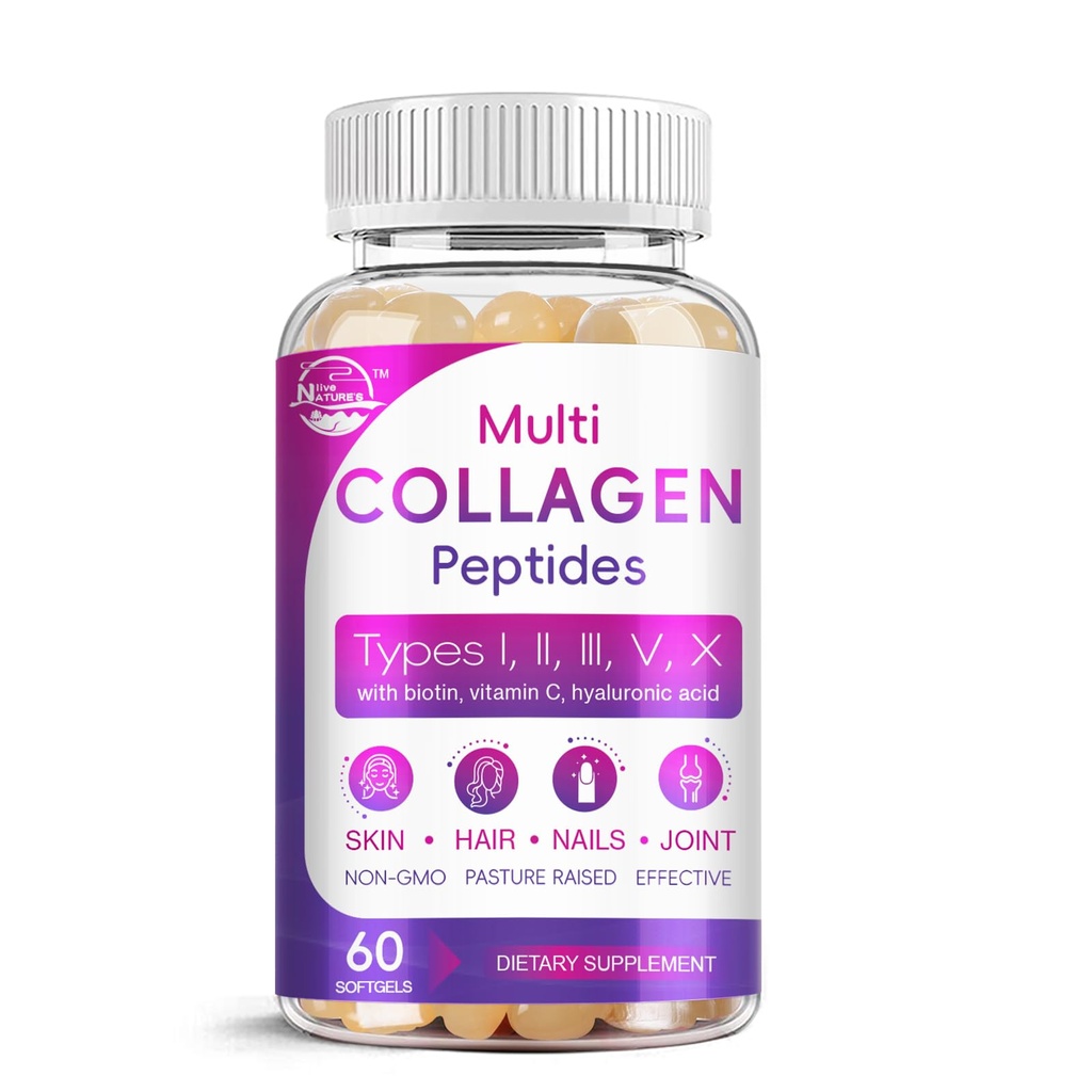 Multikolagēna peptīdi Softgels - I, II, III, V, X tipa hidrolizēti kolagēna peptīdi ar biotīnu, C vitamīnu, hialuronskābi, balsta ādas matu nagus, ar zāli barotu, ne-GMO, 60 Softgel, 1 iepakojums