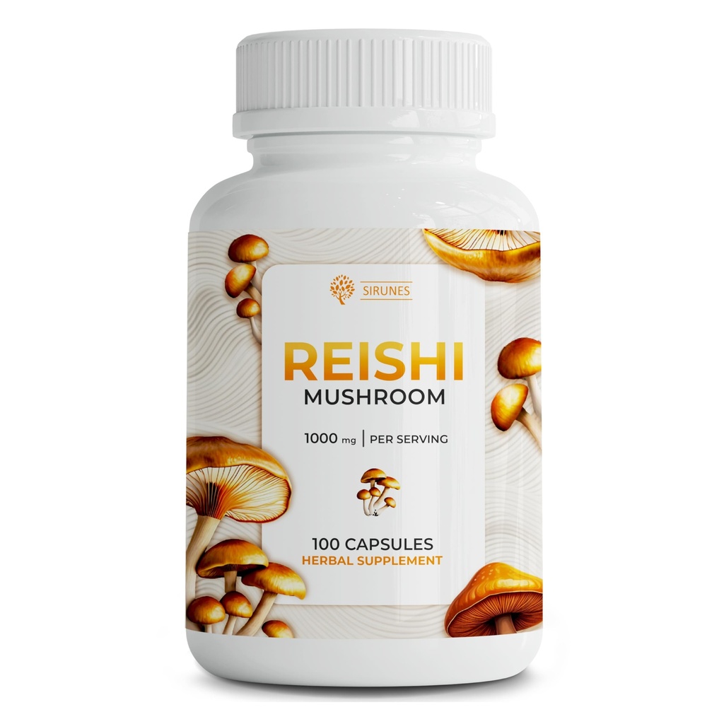 SIRUNES Reiši Sēņu kapsulas – 100-Count Reiši Sēņu papildinājums stresam un imūnsupport – 1000mg Augsta stipruma Adaptogen Sēņu Superfood Kapsulas – Ne-GMO un Natural