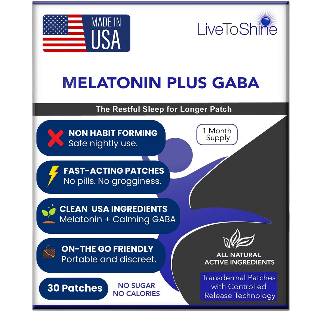Live To Shine Melatonin Patches for Miega - Plus GABA uz Calm Busy Brains Ātri - Perfect Combo vīriešiem un sievietēm - Lēni Release - 30 Patches - USA Made