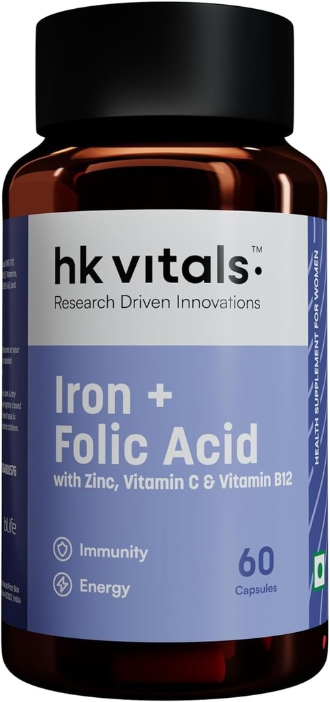Pētniecības virzītas inovācijas Dzelzs + Folijskābe ar cinku, vitamīns C & vitamīns B12 Papildinājums (60 kapsulas) -- Atbalsts asins Building -- Imunitāte un enerģija