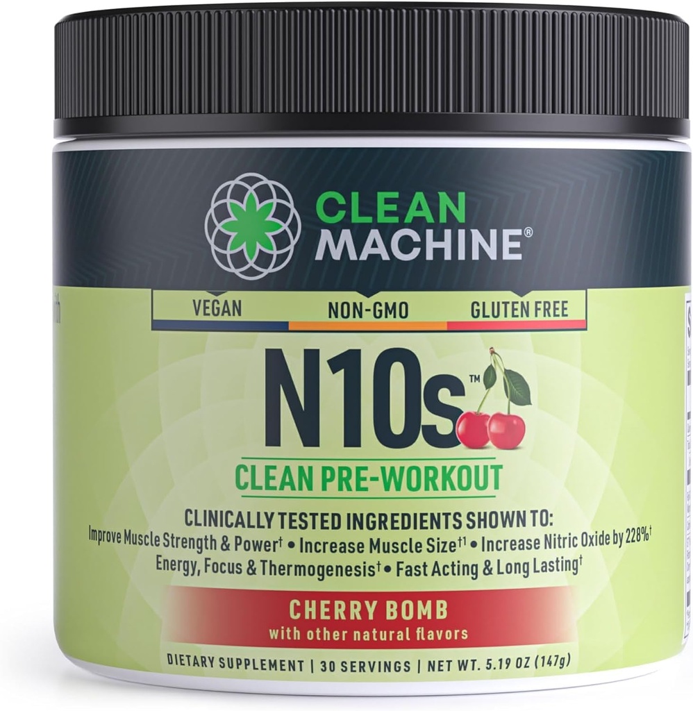 CLEAN MACHINE N10S Augu bāzes pirms Workout Pulveris - Vegan Enerģijas Papildinājums ar 3 Klīniski pārbaudītas Patentētas sastāvdaļas muskuļu izmēru, stiprumu, sūknis un izturība - ne-GMO, 30 Kalpo