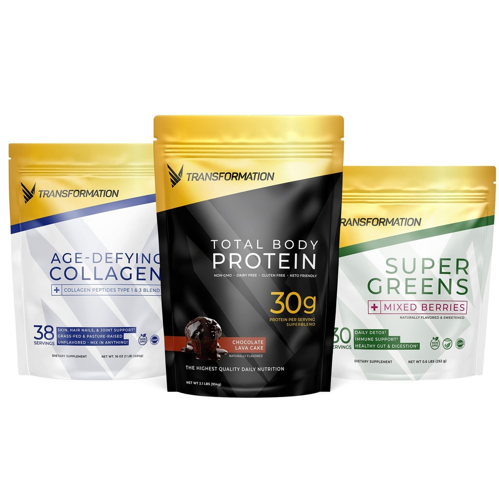 Transformācija Šokolādes proteīns Pulveris 30G Multi-proteīna Superblend+ Zāles-Fed Hidrolizēti kolagēna peptīdi Pulveris- mati, āda, naglas+ Organic Super Greens Superfood pulveris- Imūnās un enerģijas atbalsts