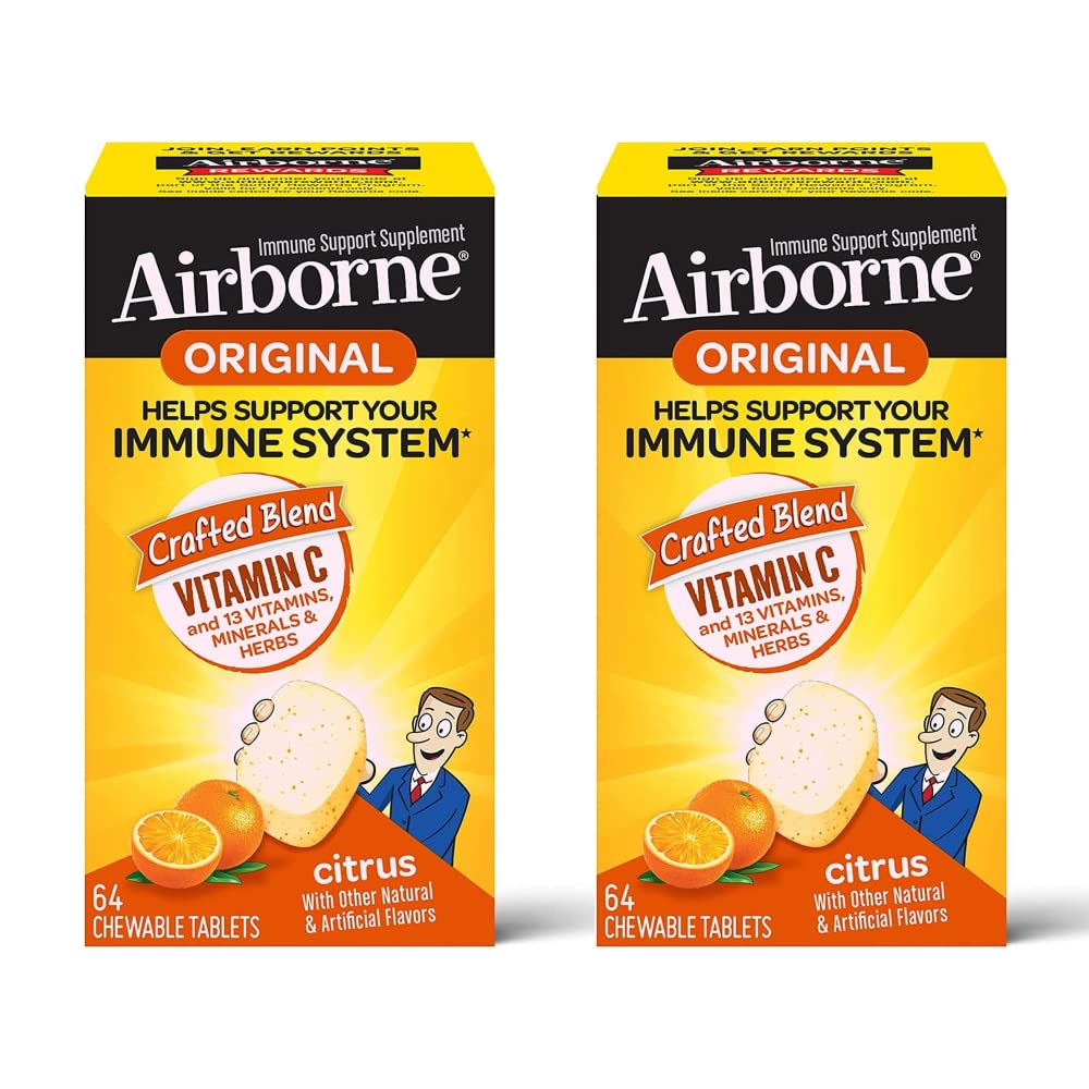 Gaisā pārnēsāts vitamīns C 1000mg (per serving) - Citrus chewable tabletes (64ct / kaste), bez lipekļa Imūnās atbalsta papildinājums, vitamīni A C E, ZINC, selēns, ehinācija, ingvers, antioksidanti (2- iepakojums)