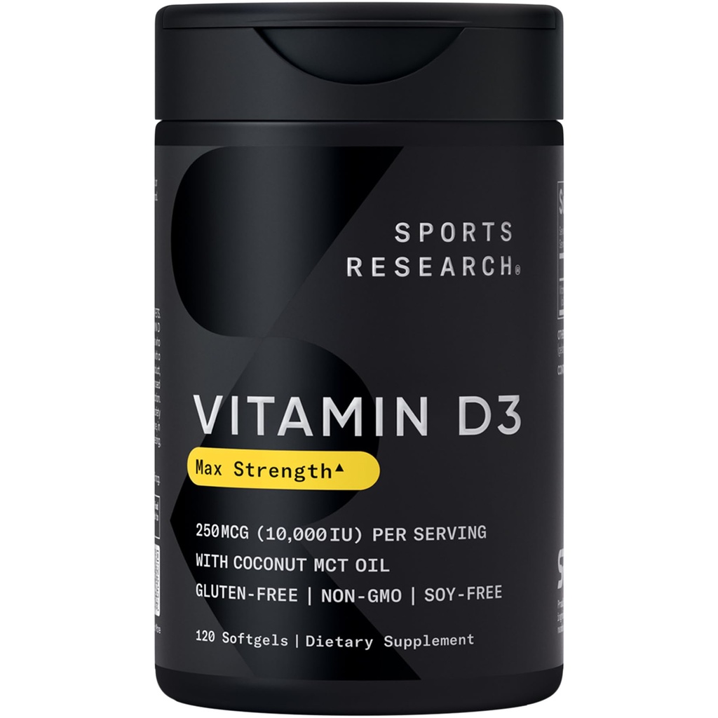 Sporta pētījumi 10 000 iu vitamīna D3 Papildinājums ar organisko kokosriekstu eļļu - D vitamīns spēcīgiem kauliem un imūno veselību - Atbalsta kalcija absorbcija - Ne-GMO - 250mcg, 120 Mini Softgels pieaugušajiem
